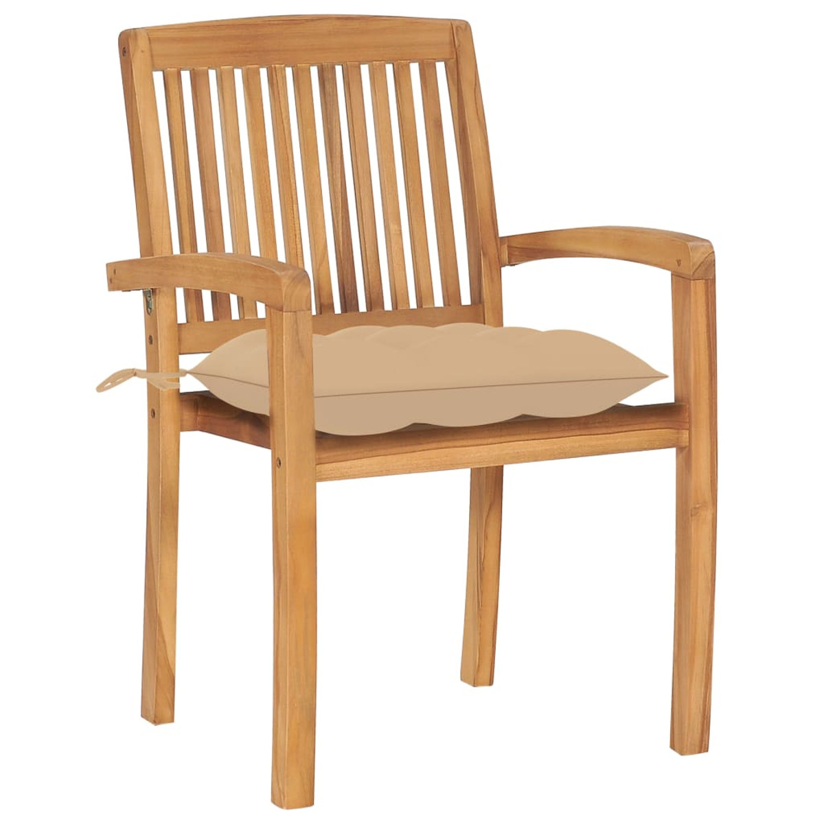Holzstuhl mit Kissen. Der Stuhl hat vertikale Rückenleisten. Das Kissen ist beige.