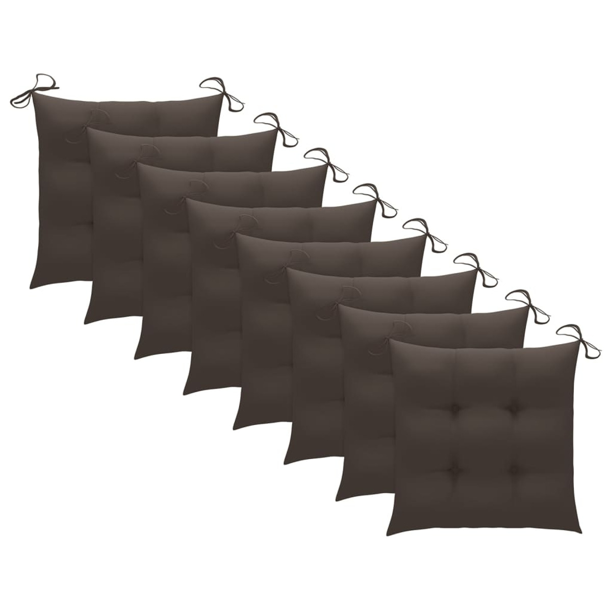 Sieben braune Kissen mit Knopftuft und Bindungen. Diagonal angeordnet.