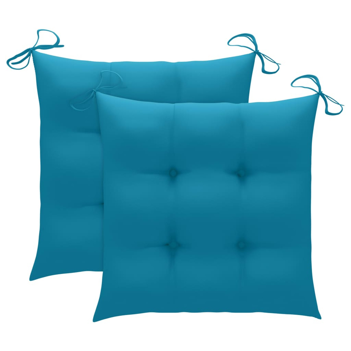 Zwei blaue Sitzkissen mit Bindebändern. Sie haben Knopfdetails und eine quadratische Form.
