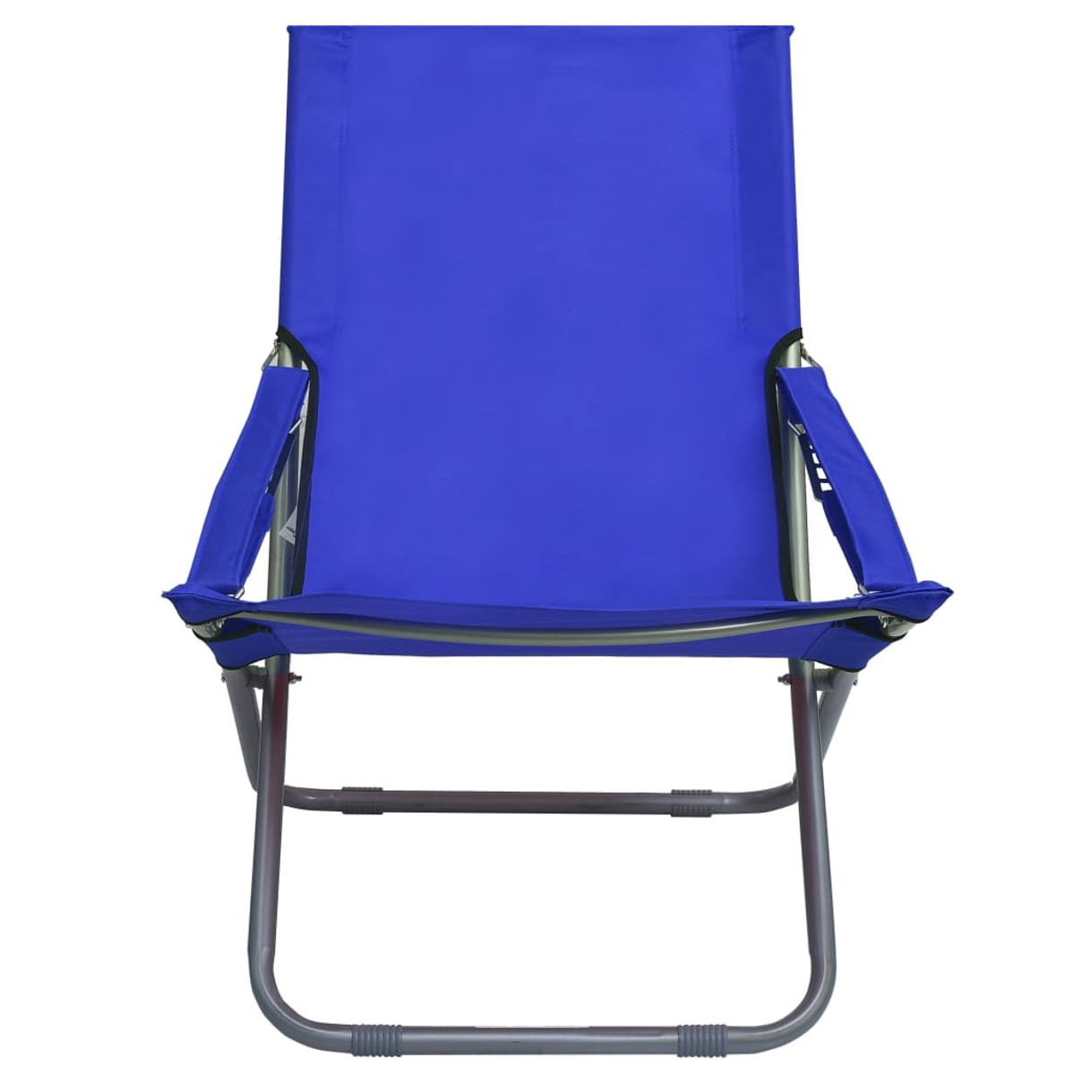 Ein blauer Klapp-Strandstuhl wird von vorne mit einem Metallrahmen gezeigt.