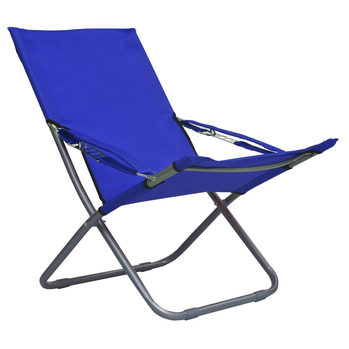 Blauer Klappstuhl. Der Stuhl hat einen blauen Stoffsitz und ein silbernes Gestell.