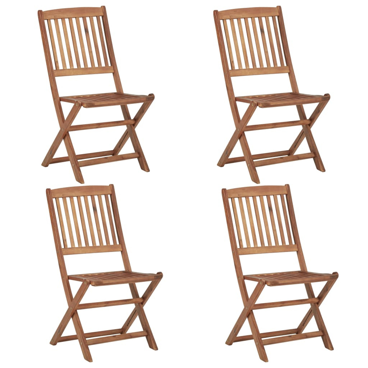 Vier Holzklappstühle, braun. Alle Stühle befinden sich in derselben zusammengeklappten Position.