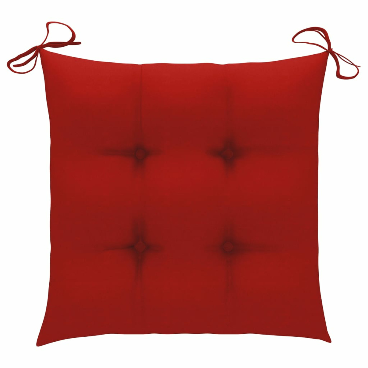 Rotes quadratisches Kissen mit vier Knöpfen. Weißer Hintergrund. Knöpfe in Kreuzform.