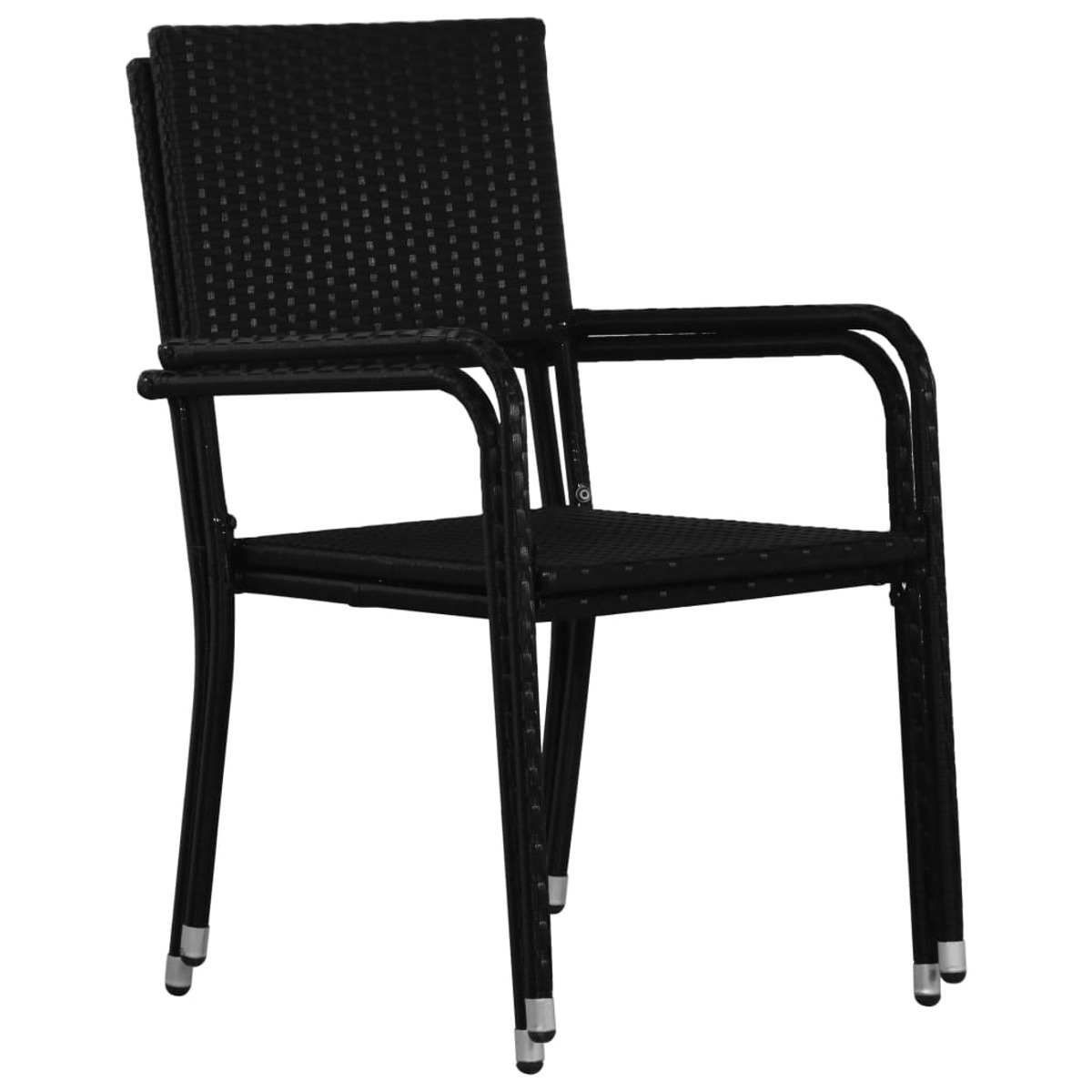 Schwarzer Rattan-Stuhl mit Armlehnen, Seitenansicht. Enthält vier Beine und einen Sitz.