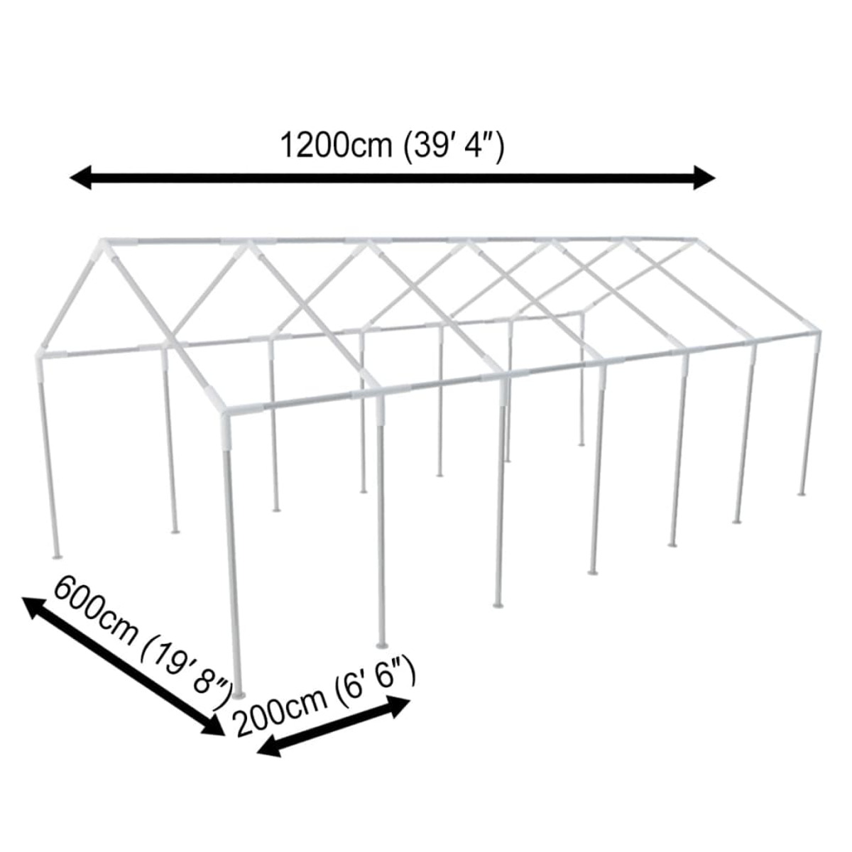 Weißes rechteckiges Zeltgestell. Abmessungen sind 1200cm x 600cm x 200cm.