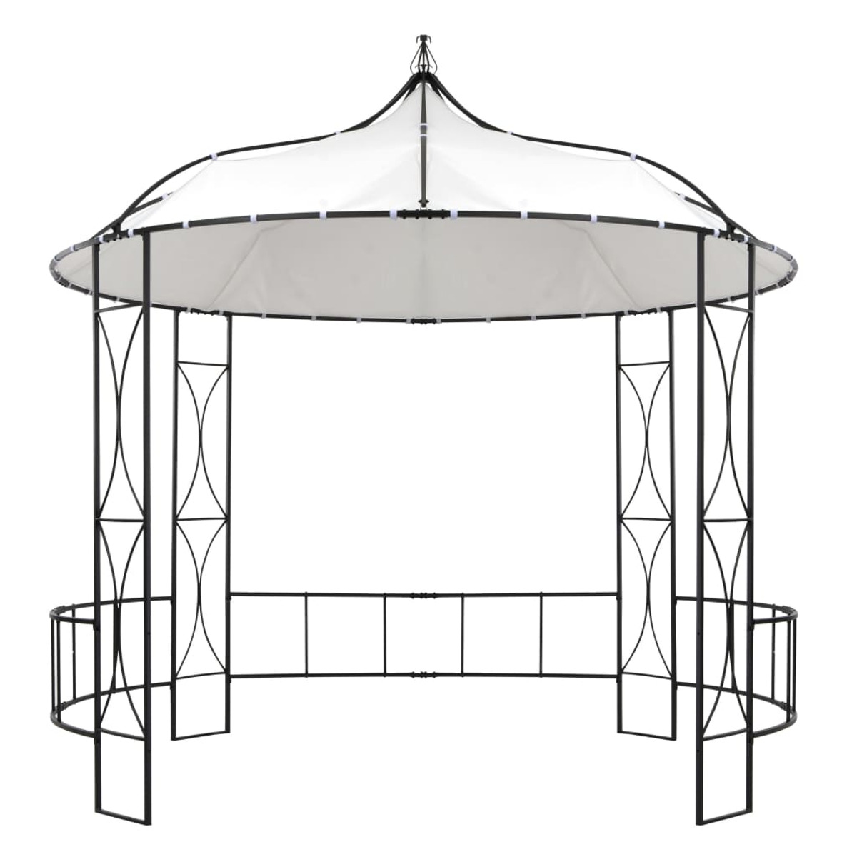 Ein Pavillon mit weißem Dach und schwarzem Rahmen. Es hat ein geschwungenes Geländer.