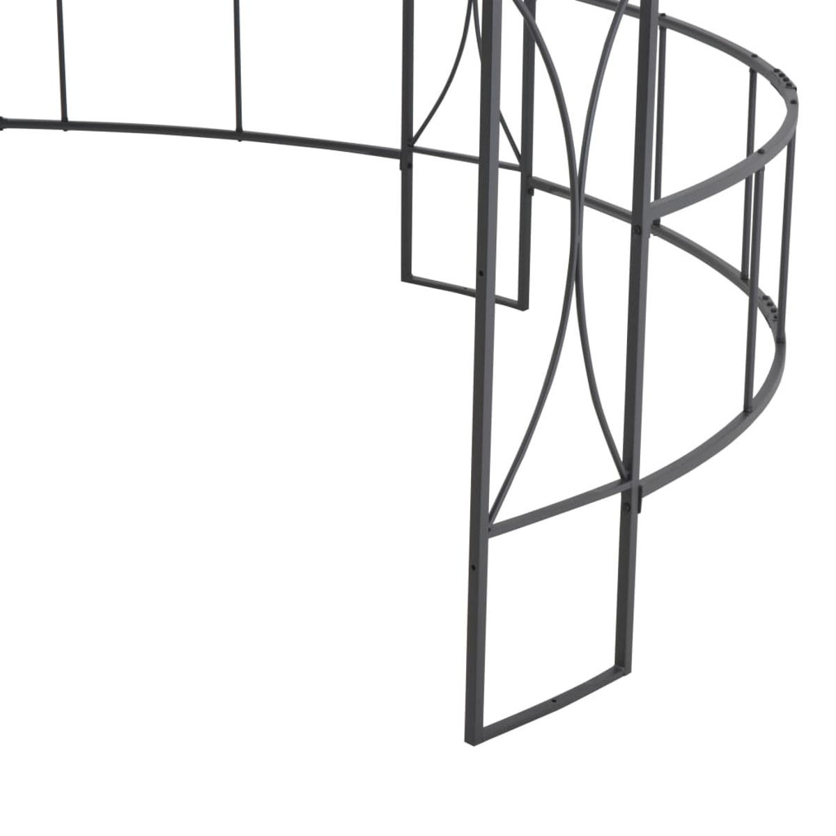 Eine geschwungene, dunkle Metallkonstruktion. Sie hat eine Reihe von verbundenen Bögen und vertikalen Stäben.