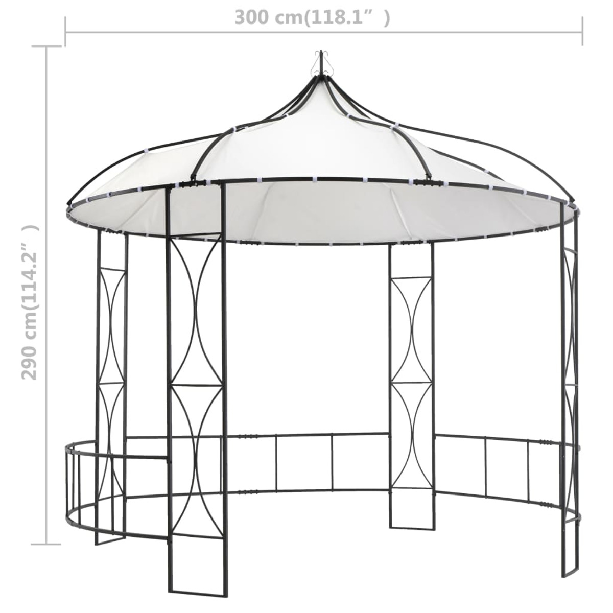 Weißer Pavillon mit schwarzem Rahmen. Abmessungen werden angezeigt.