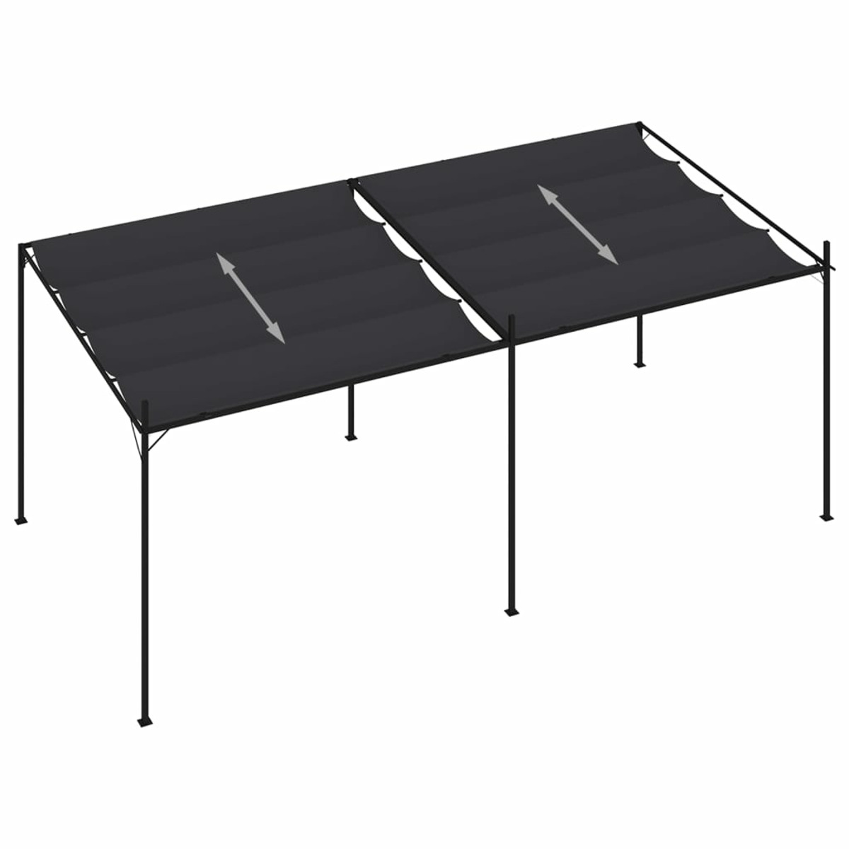 Schwarzes Vordach mit schwarzem Metallrahmen. Das Vordach hat zwei Abschnitte mit weißen Pfeilen.