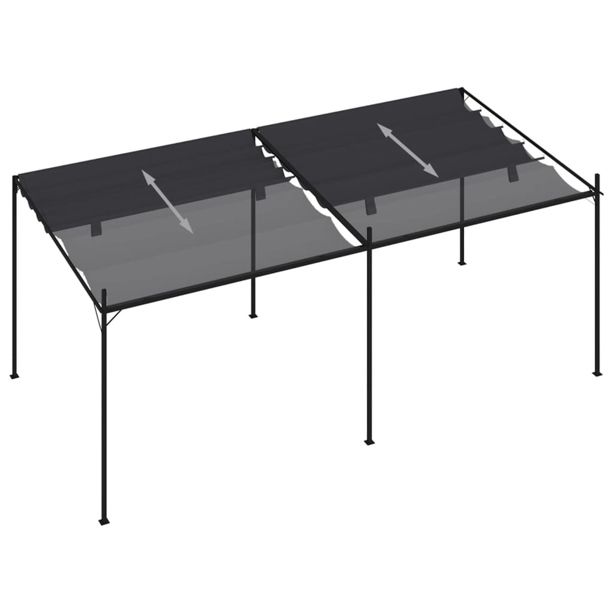 Schwarzes Outdoor-Zelt mit dunkelgrauem Schirm. Das Zelt ist offen, von oben gesehen.