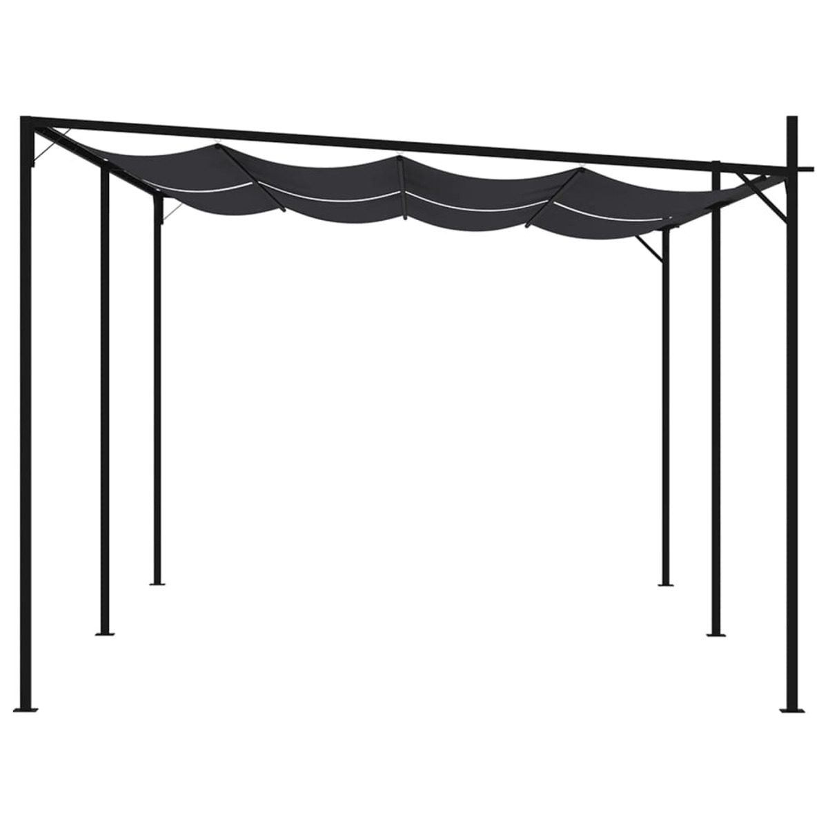 Schwarze Metallpergola mit geschwungenem, schwarzem Baldachin. Vier Stützpfosten sind sichtbar.