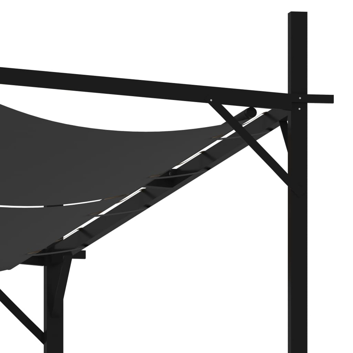 Schwarze Pergola mit schwarzem Baldachin. Das Gestell ist aus Holz.