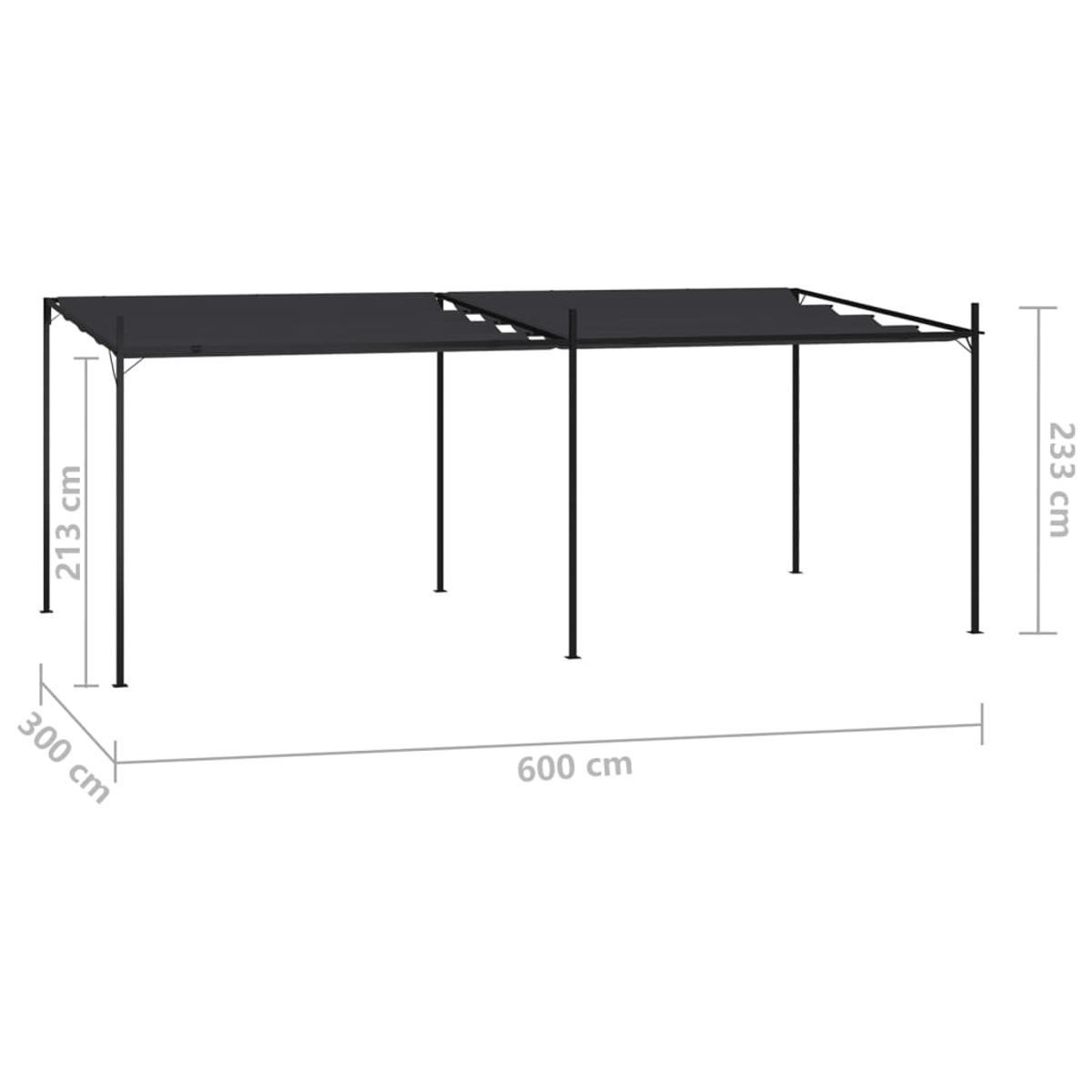 Schwarze Pergola mit Maßen. Dunkles Stoffdach. Weißer Hintergrund.