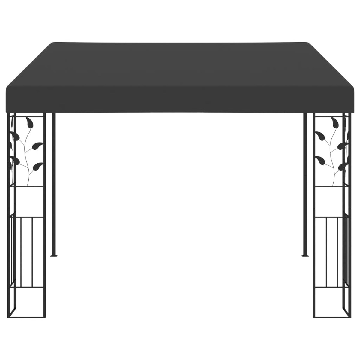 Schwarzer Metallpavillon. Er hat ein schwarzes Dach und dekorative Blattformen an den Seiten.