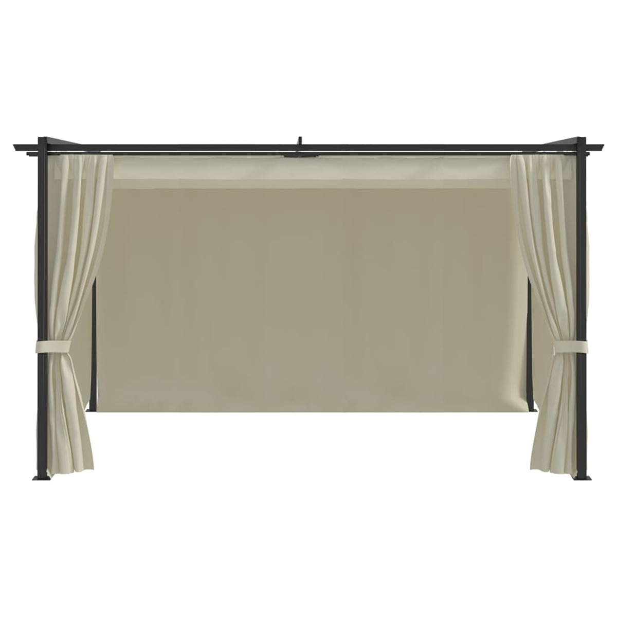 Eine schwarze Pergola mit beigen Vorhängen auf weißem Hintergrund. Vorhänge sind seitlich gebunden.