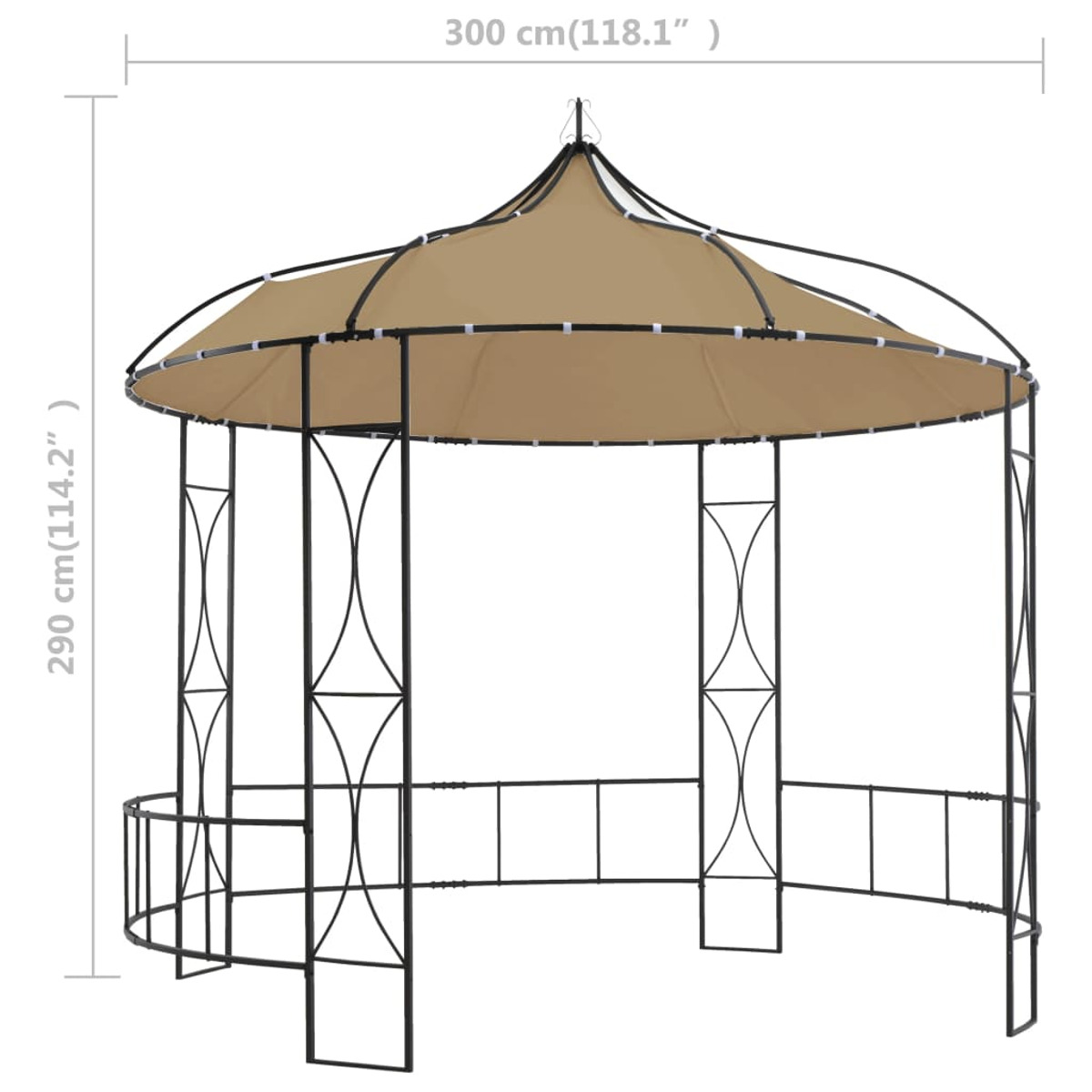 Ein beiges Gartenpavillon mit schwarzem Rahmen wird gezeigt. Abmessungen sind angegeben. Der Hintergrund ist weiß.