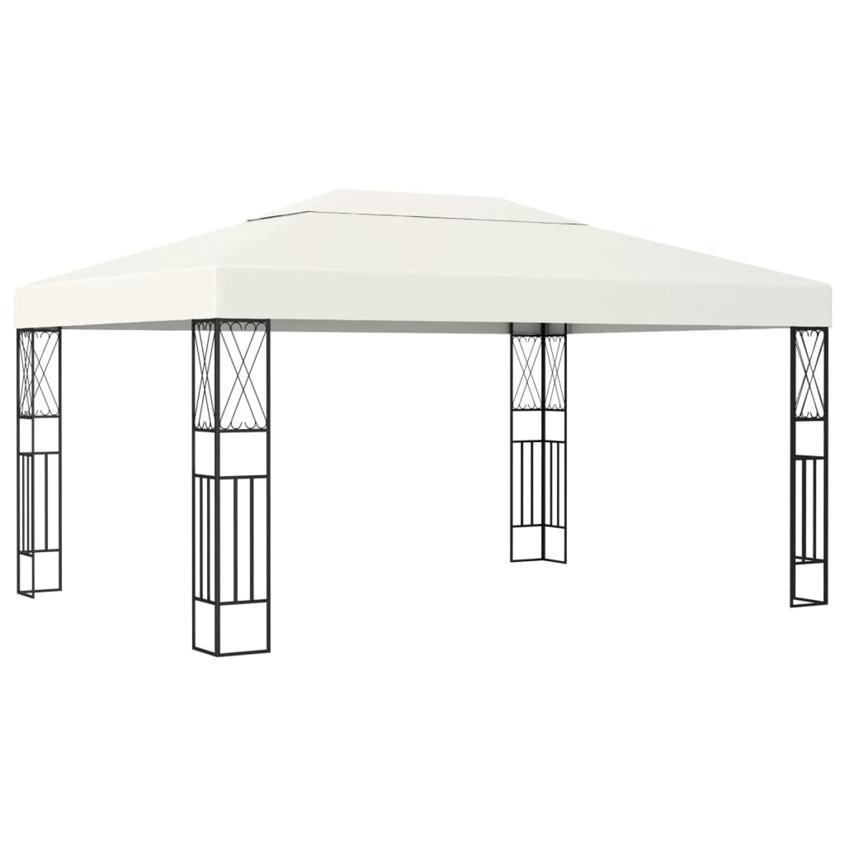 Weißer Pavillon mit schwarzem Metallrahmen. Quadratische Form, offene Seiten. Isoliert auf weißem Hintergrund.