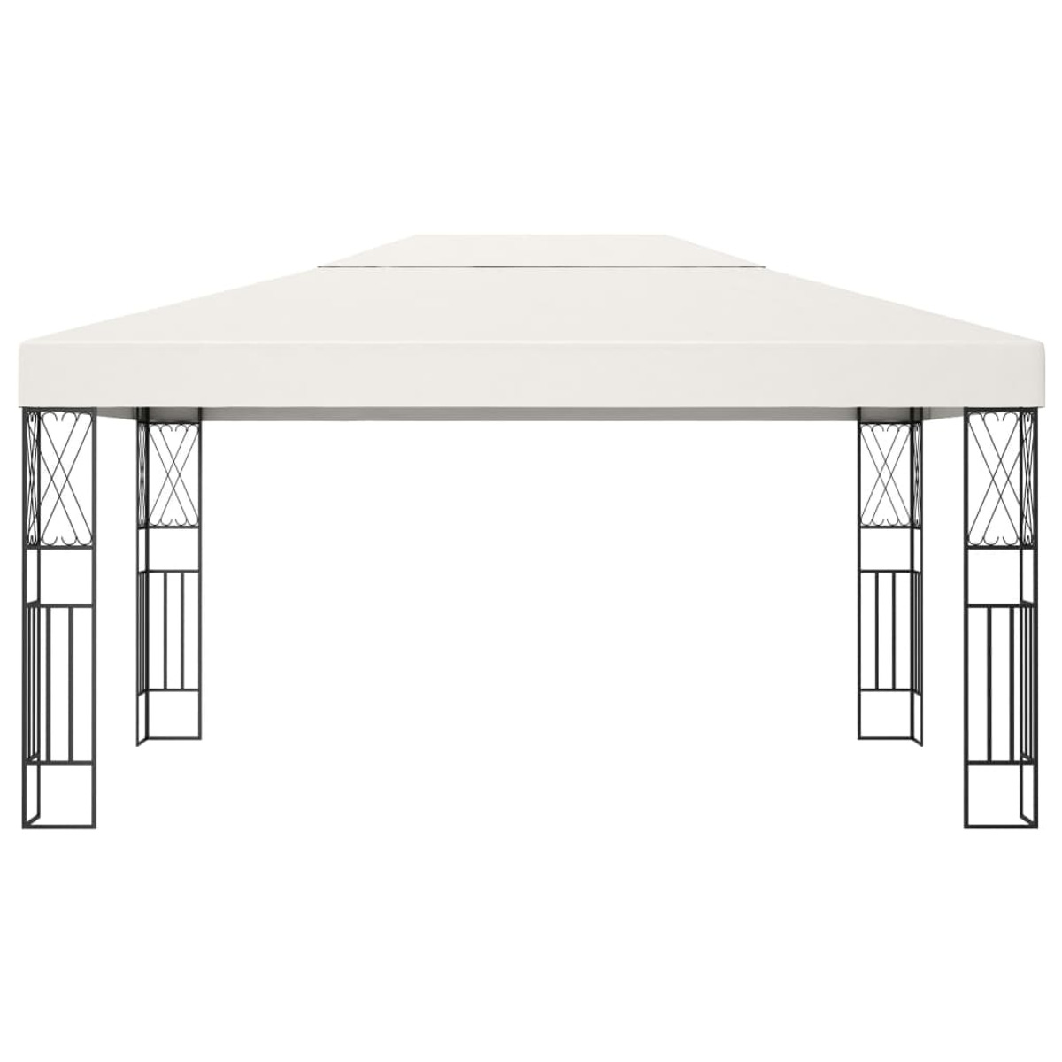 Weißer Pavillon mit schwarzem Rahmen. Verfügt über ein flaches Dach und offene Seiten. Isoliert.