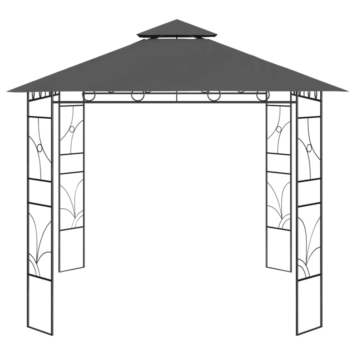 Schwarzer Metallpavillon mit schwarzem Dach, weißer Hintergrund. Vorderansicht.