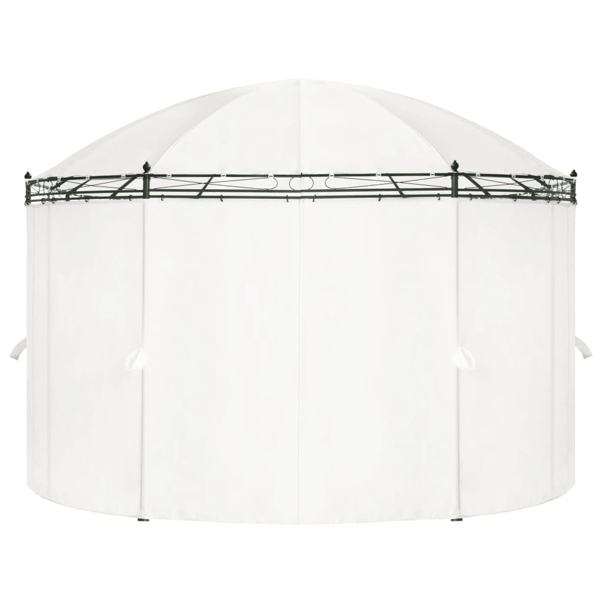 Ein weißer Pavillon mit schwarzem Rahmen, von der Seite betrachtet.