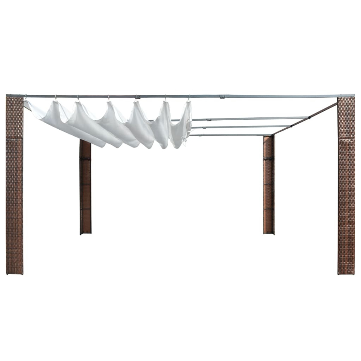 Eine braune Pergola mit weißem Stoff, der über die Oberseite drapiert ist, auf weißem Hintergrund.