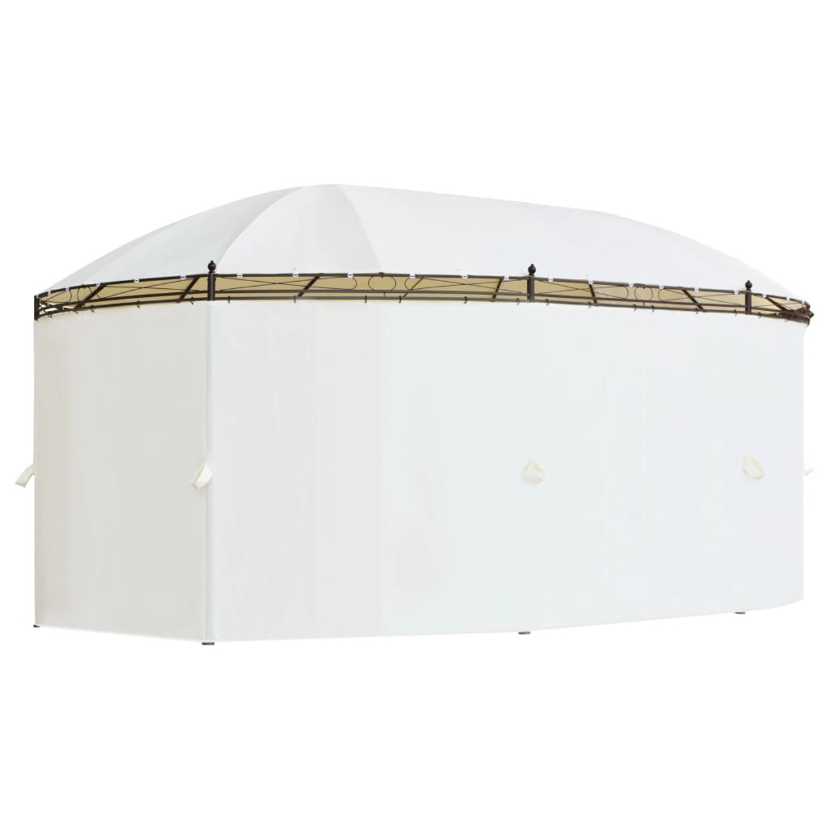 Weißer Pavillon mit braun gemustertem Dach. Der Pavillon hat weiße Stoffwände.