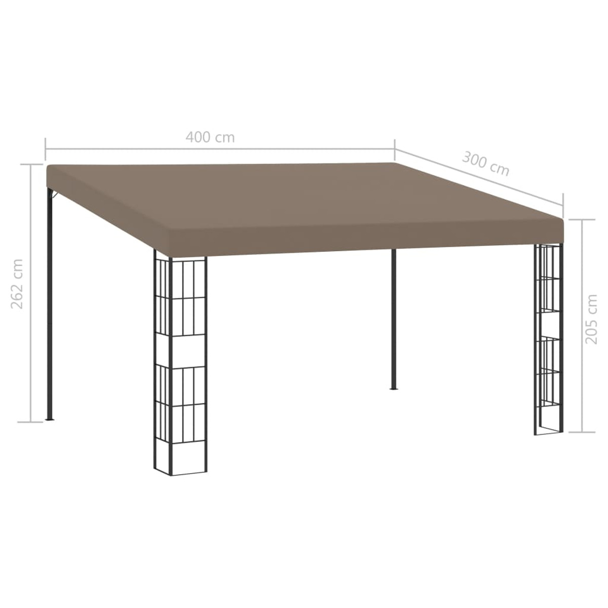 Ein brauner rechteckiger Pavillon mit Maßangaben, isoliert auf Weiß.