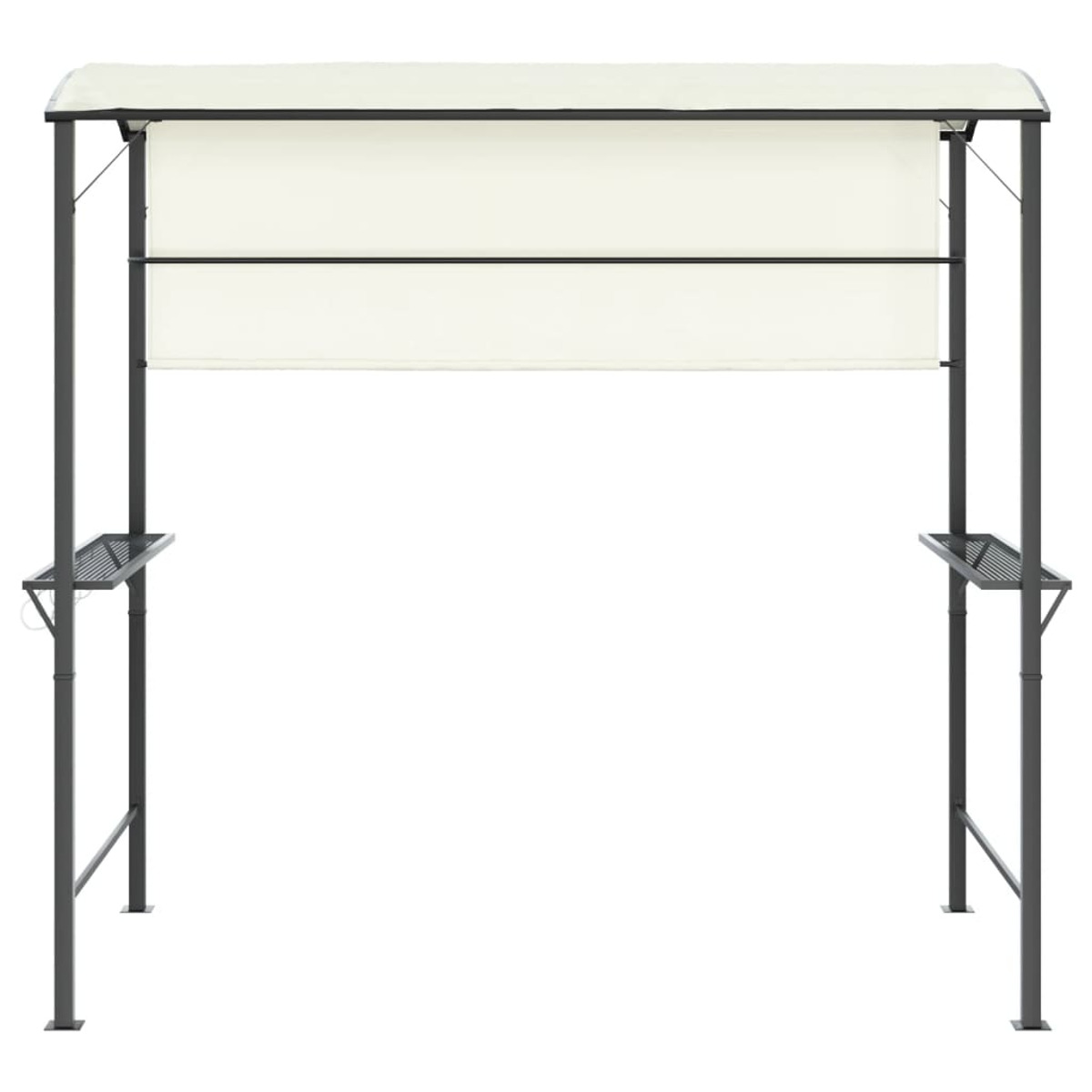 Eine beige und schwarze Outdoor-Markisenkonstruktion mit Regalen. Weißer Hintergrund.