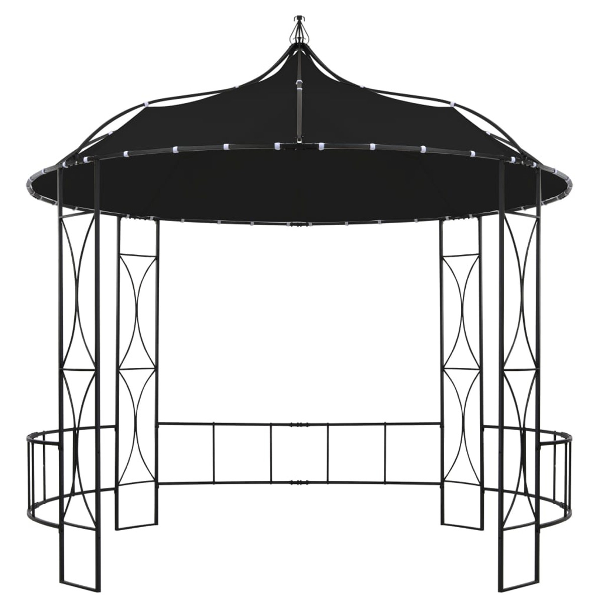 Ein Pavillon mit schwarzem Dach und Rahmen. Es hat ein geschwungenes Geländer.