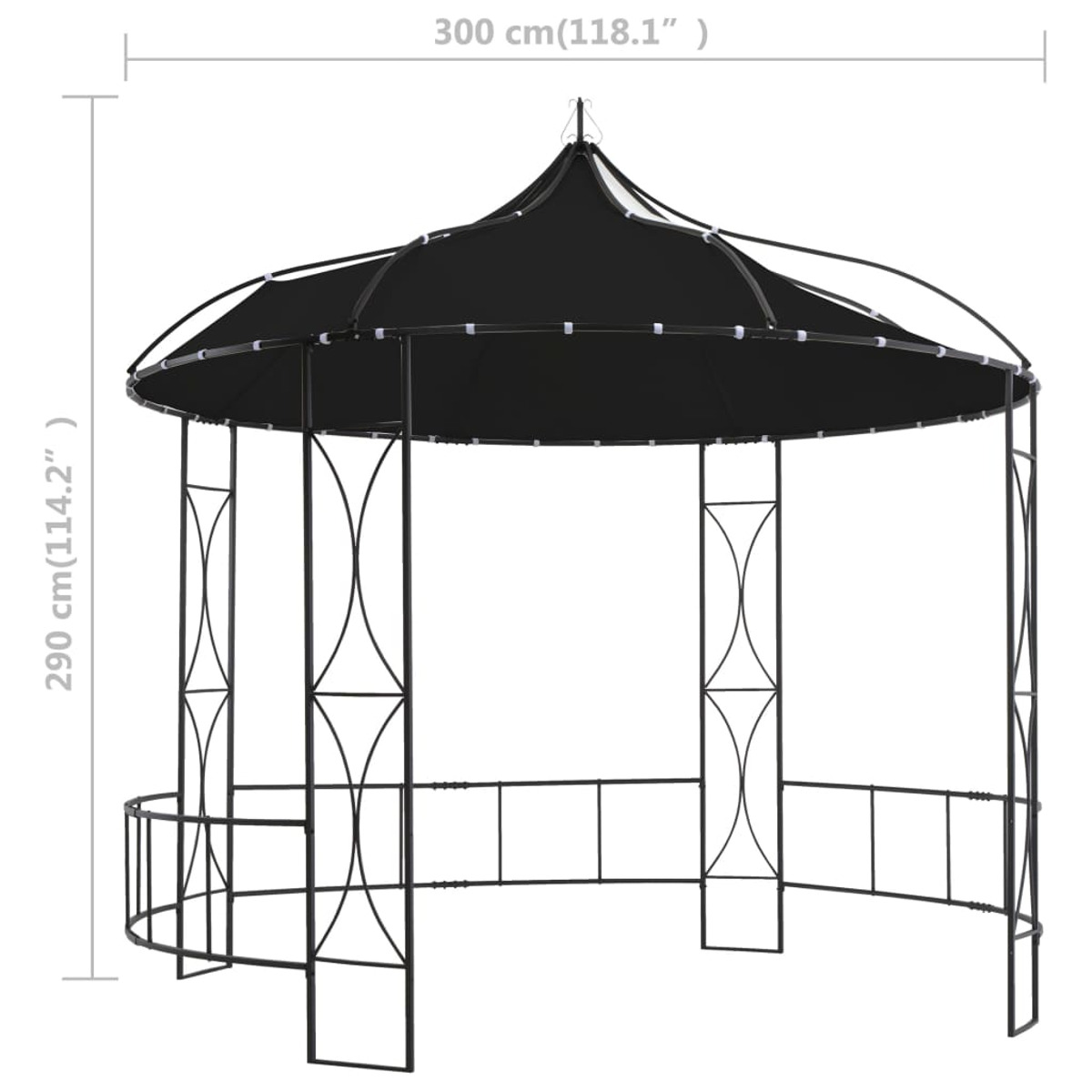 Schwarzer Pavillon mit Maßangaben, zeigt ein schwarzes Dach und einen dekorativen Metallrahmen.