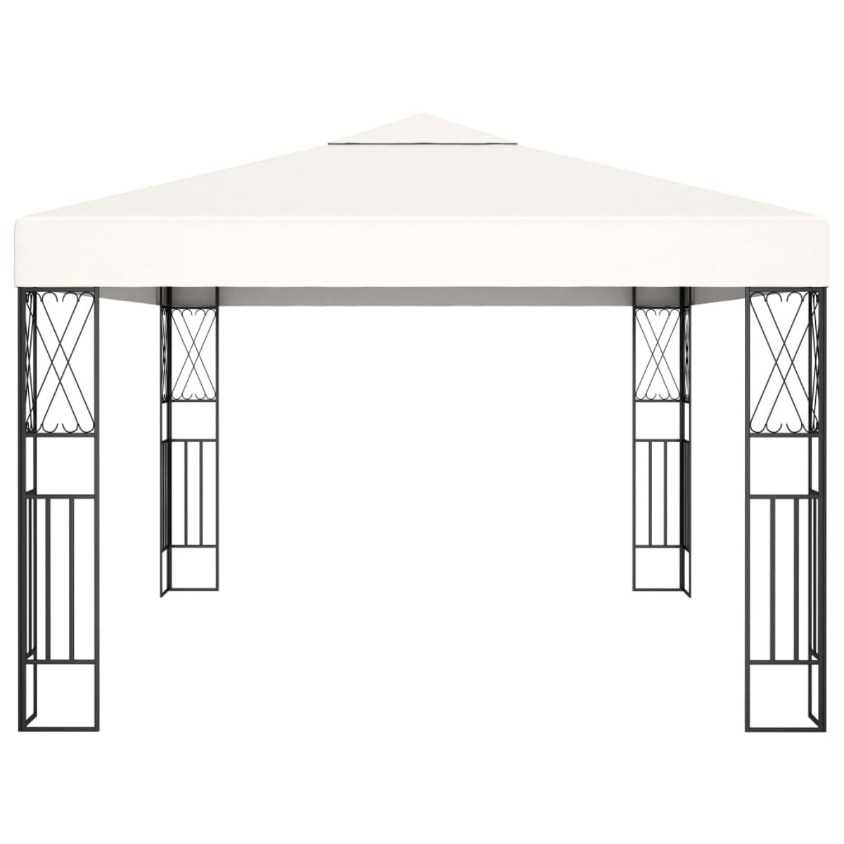 Weißer Pavillon mit schwarzem Rahmen. Der Rahmen hat dekorative X-Muster. Das Dach ist dreieckig.