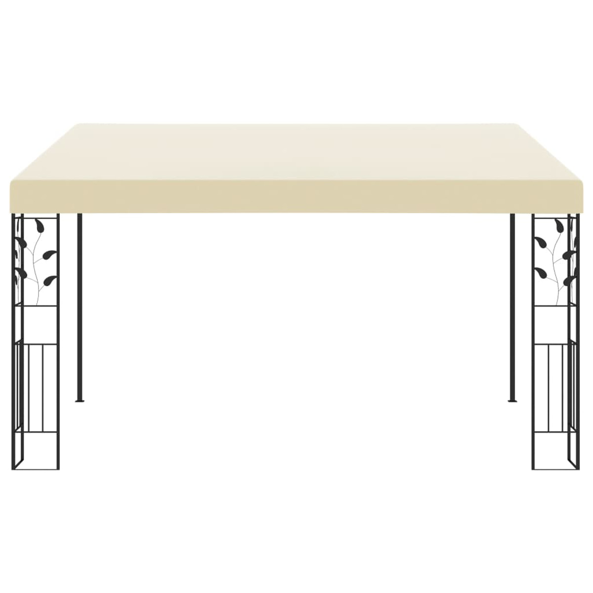 Ein beiger rechteckiger Pavillon mit schwarzen Metallstützen.