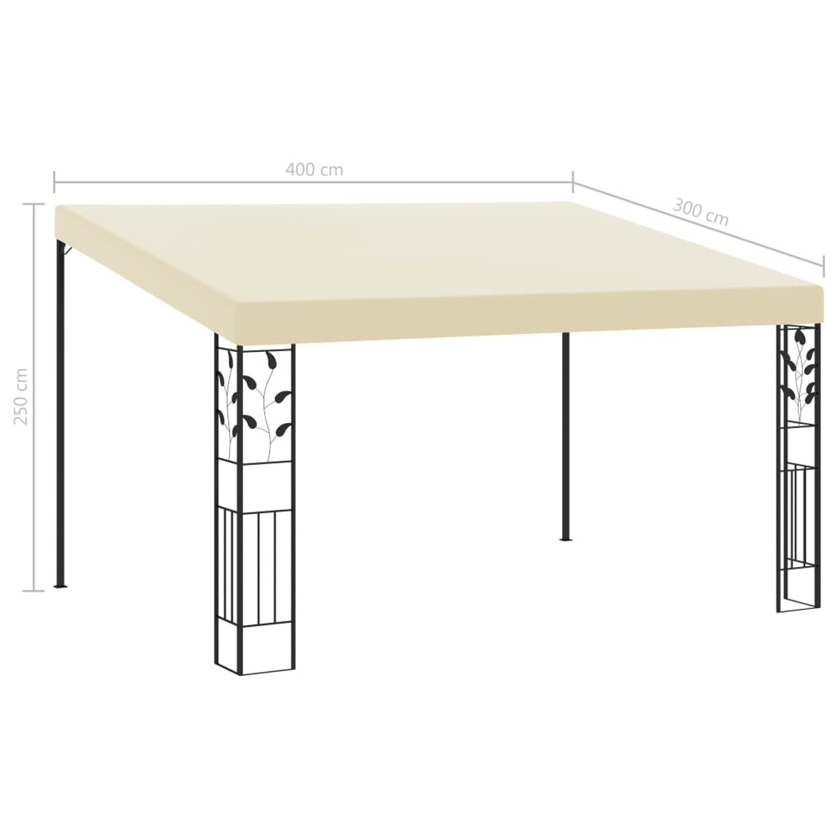 Pavillon mit weißem Baldachin und schwarzen Beinen. Beige Dach, Maße 400x300 cm, 250 cm hoch.