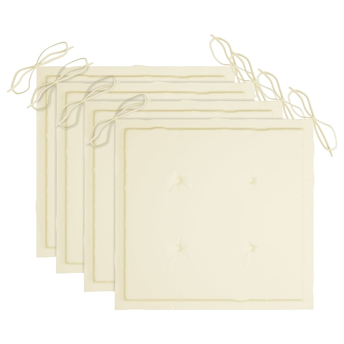 Vier cremefarbene quadratische Kissen mit Bindebändern. Weißer Hintergrund.
