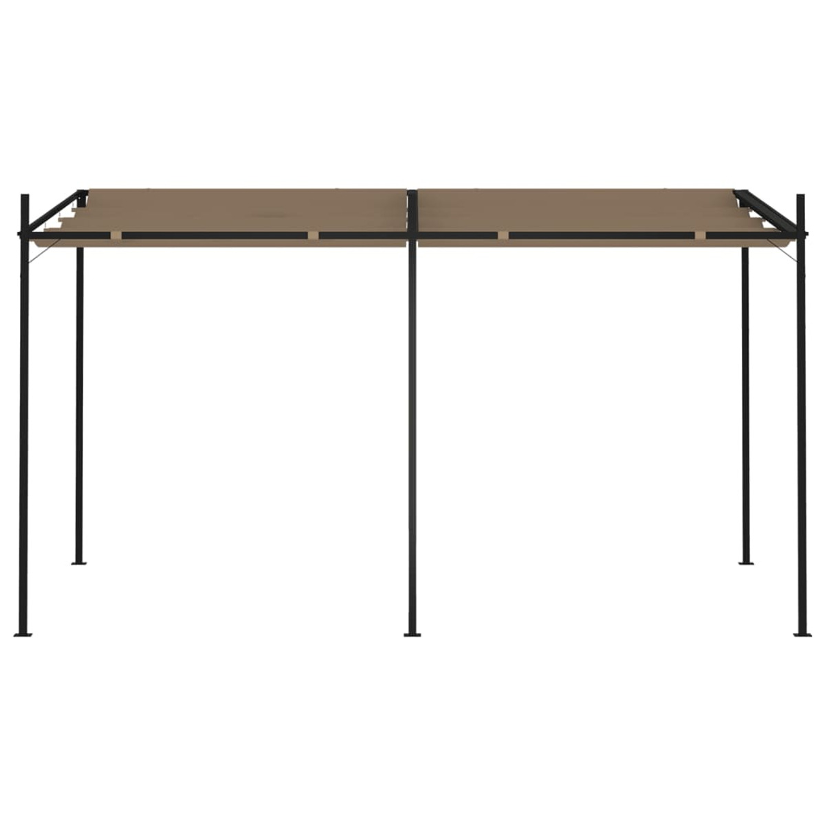 Pergola mit schwarzem Metallrahmen und beigem Vordach. Auf weißem Hintergrund.