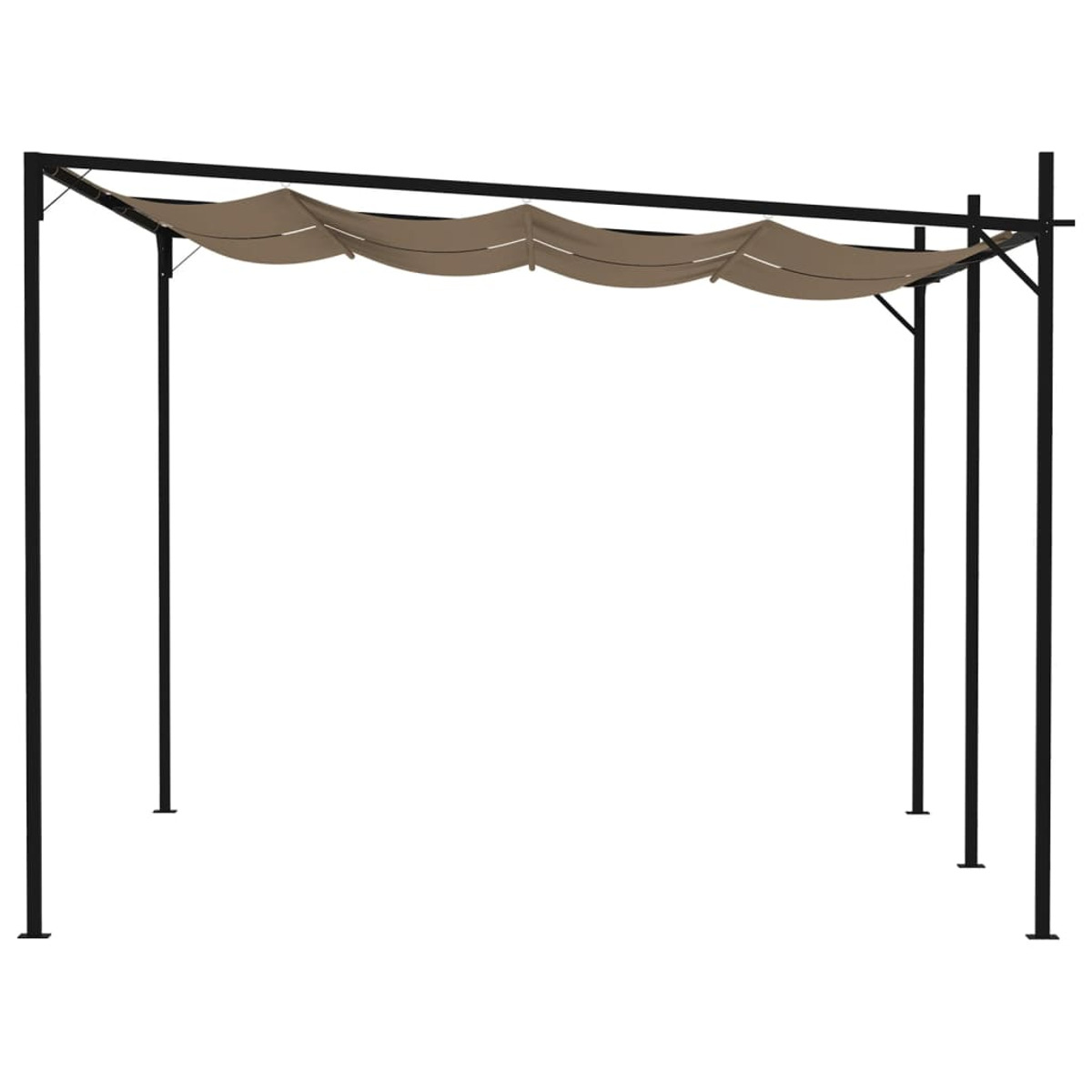 Schwarze Pergola mit beigem Baldachin, vier schwarzen Beinen und einem schwarzen Dachrahmen.