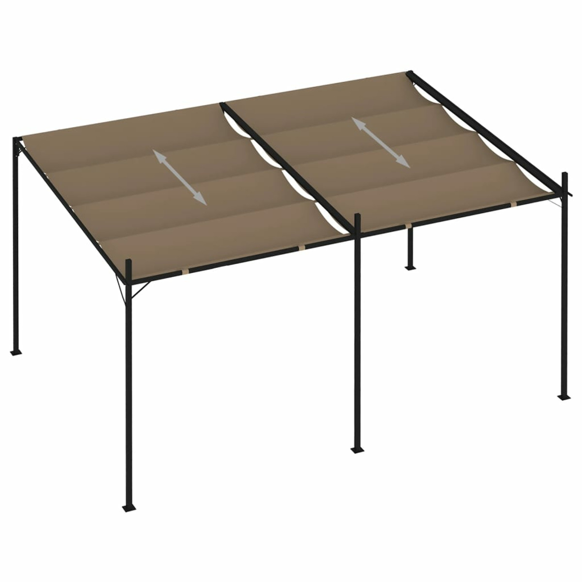Eine braune Pergola mit schwarzem Rahmen. Das Dach hat zwei Stoffpaneele. Weiße Pfeile zeigen das Verschieben.