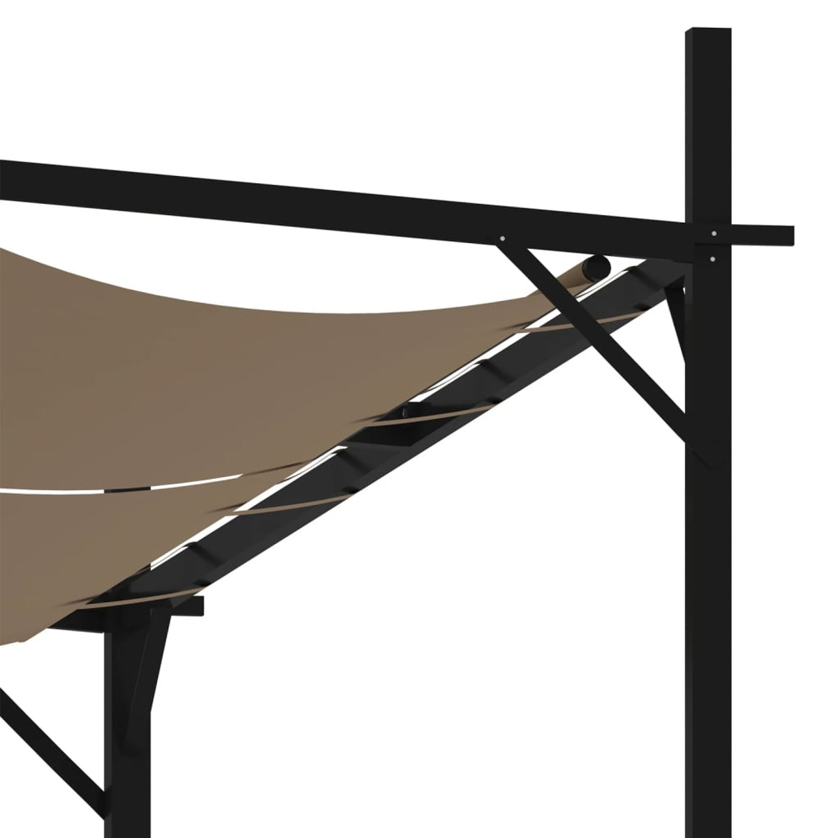 Pergola mit braunem Sonnensegel. Schwarze Stützstruktur.