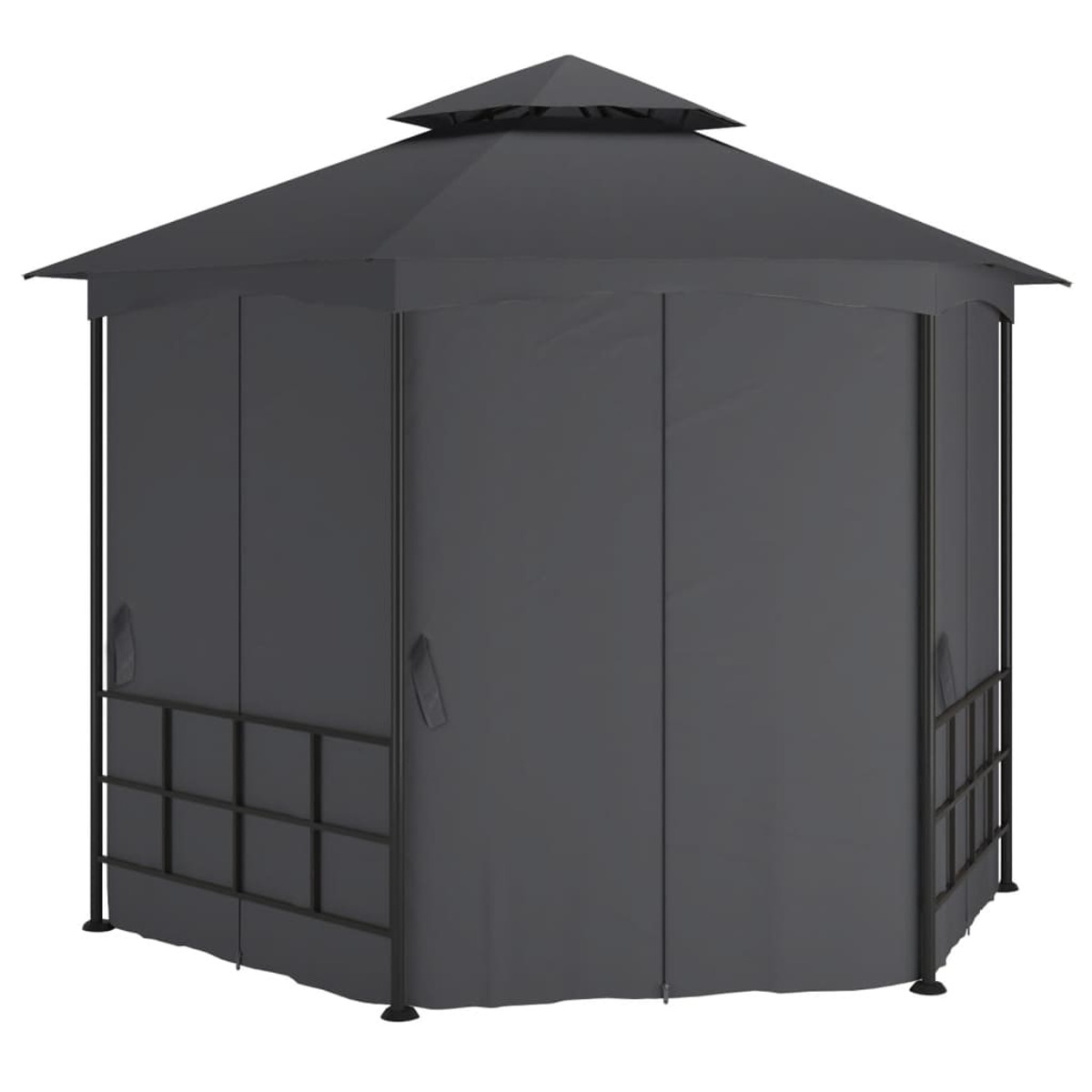 Dunkelgrauer Pavillon mit Wänden und einem Spitzdach.