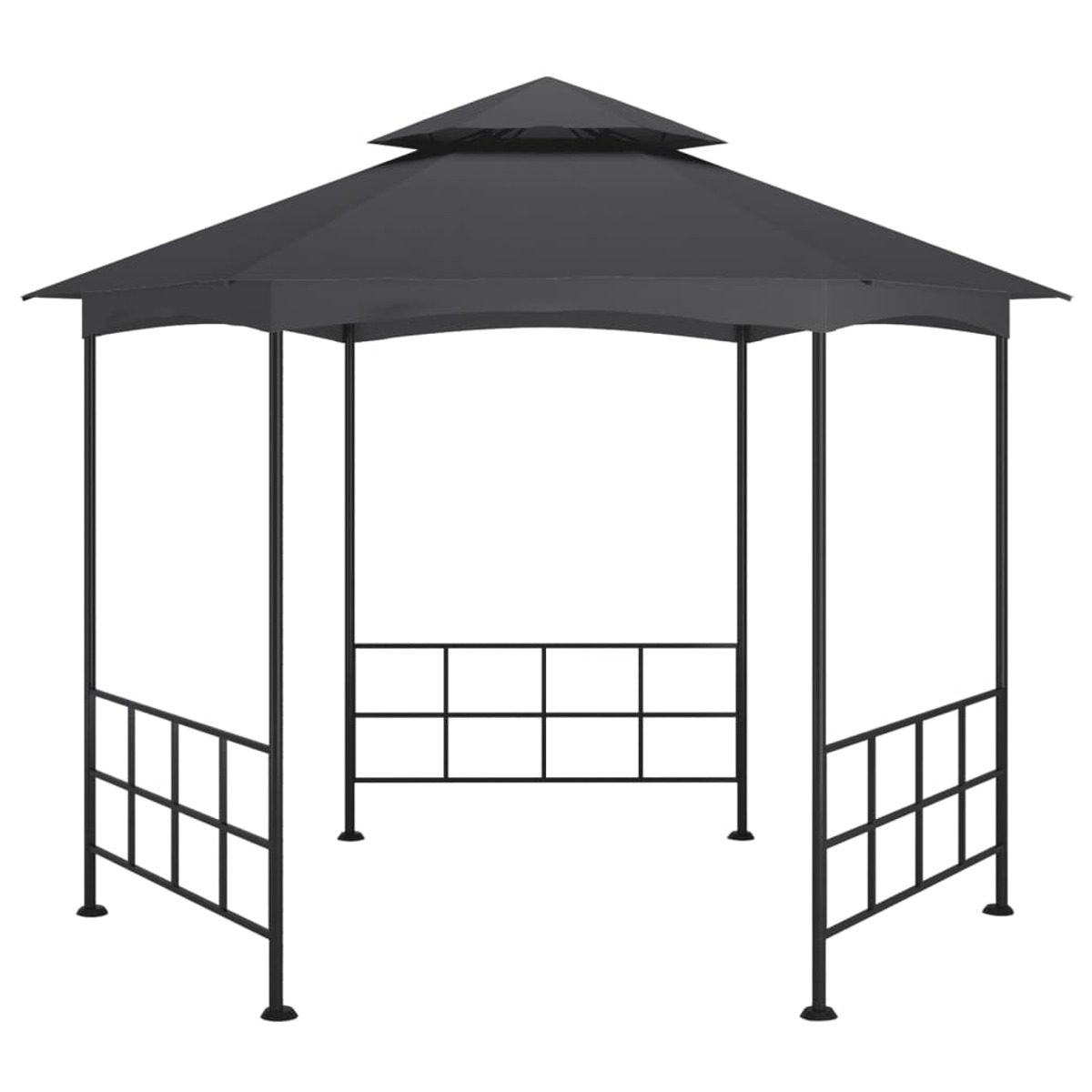 Schwarzer Pavillon mit spitzem Dach und offenen Seiten auf weißem Grund.