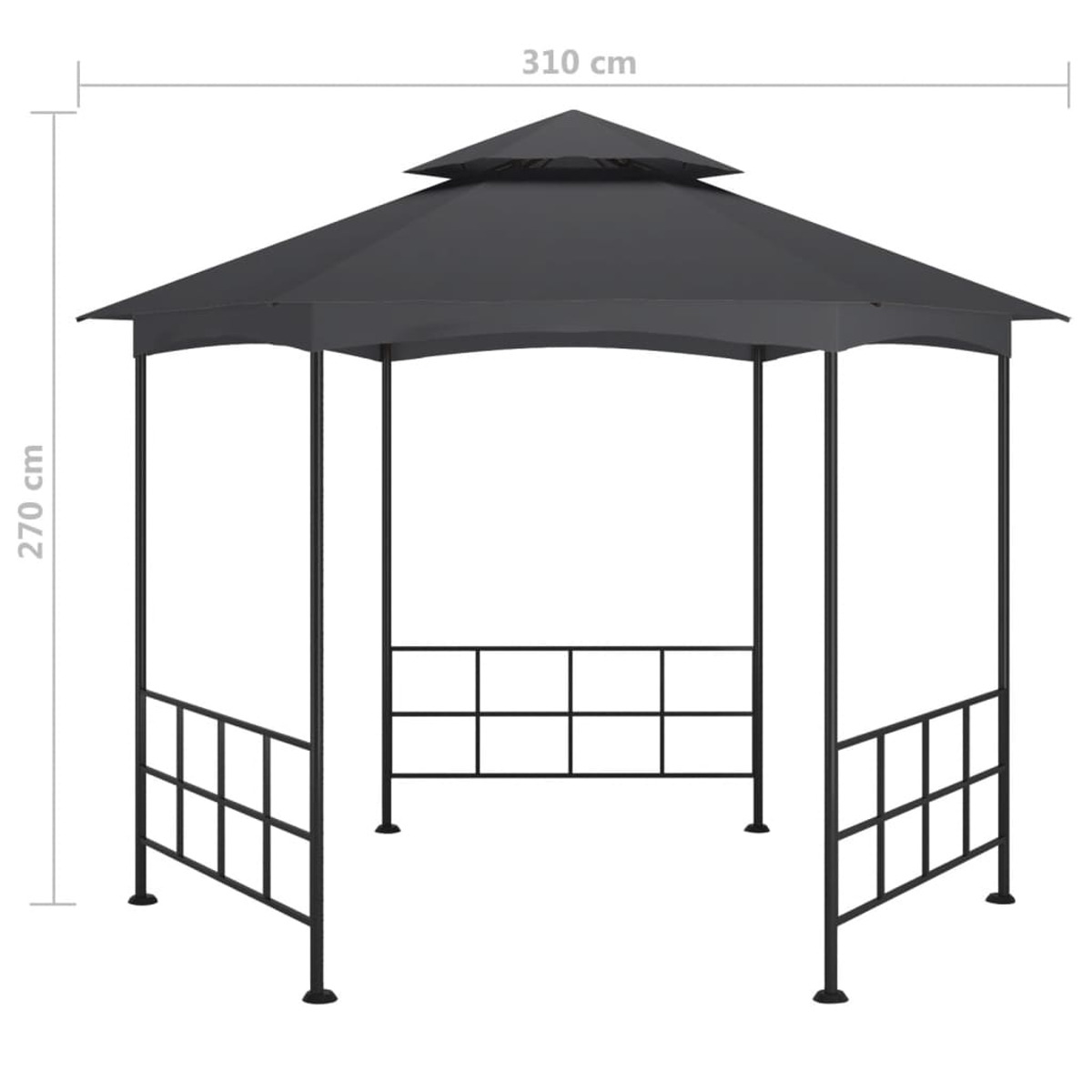 Ein Pavillon mit beschrifteten Abmessungen. Es ist schwarz mit schwarzem Dach.