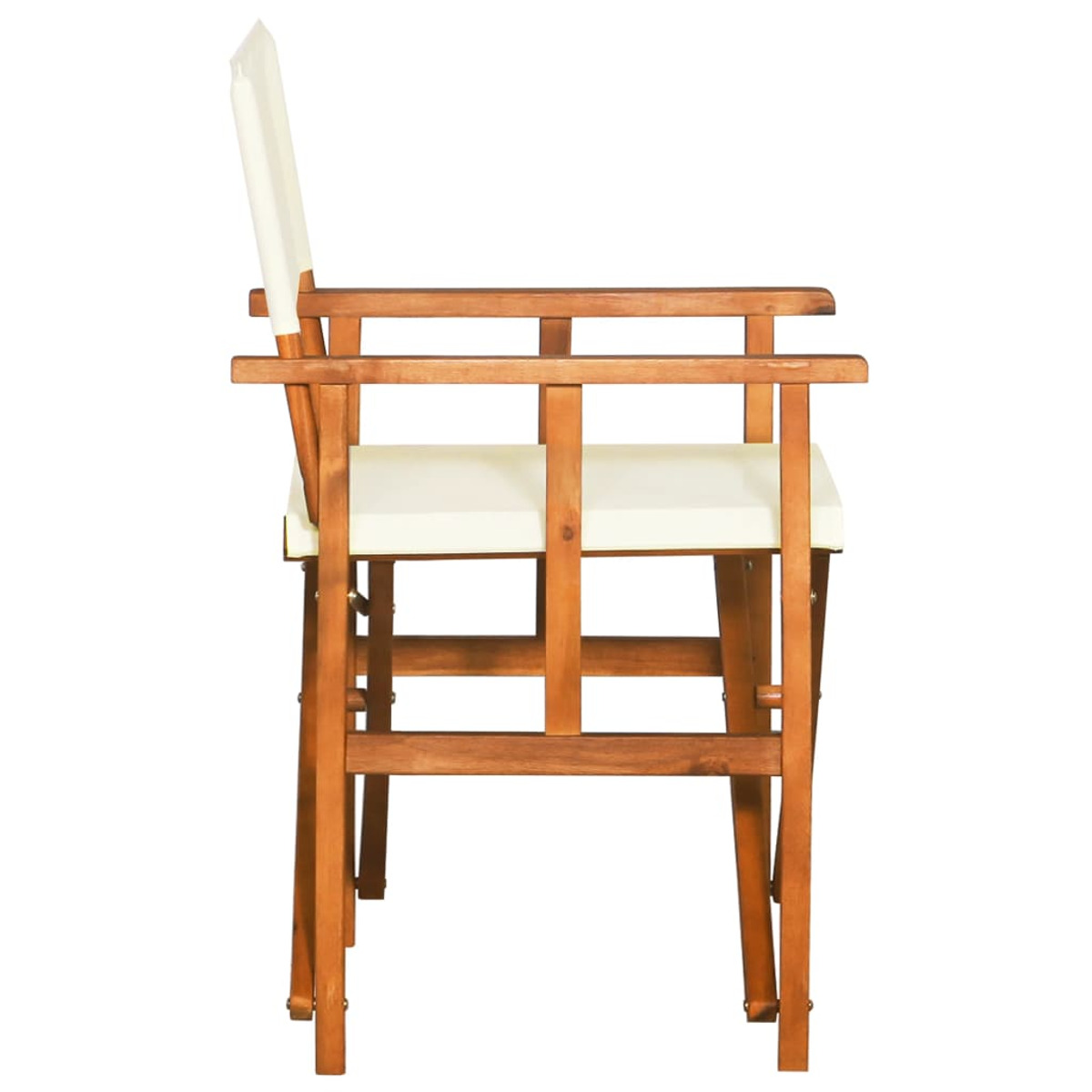 Ein Holzstuhl mit weißer Sitzfläche und Rückenlehne. Er hat eine Sitzfläche und ein schlichtes Design.