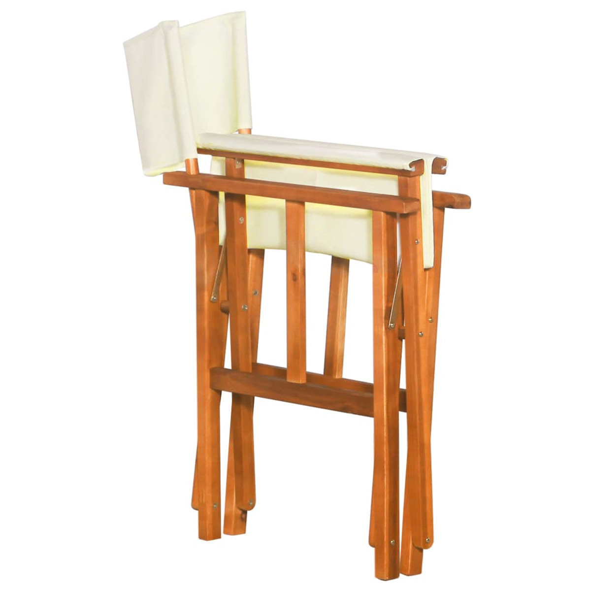 Ein hölzerner Klappstuhl mit weißem Sitz und Rücken, zusammengeklappt vor weißem Hintergrund gezeigt.