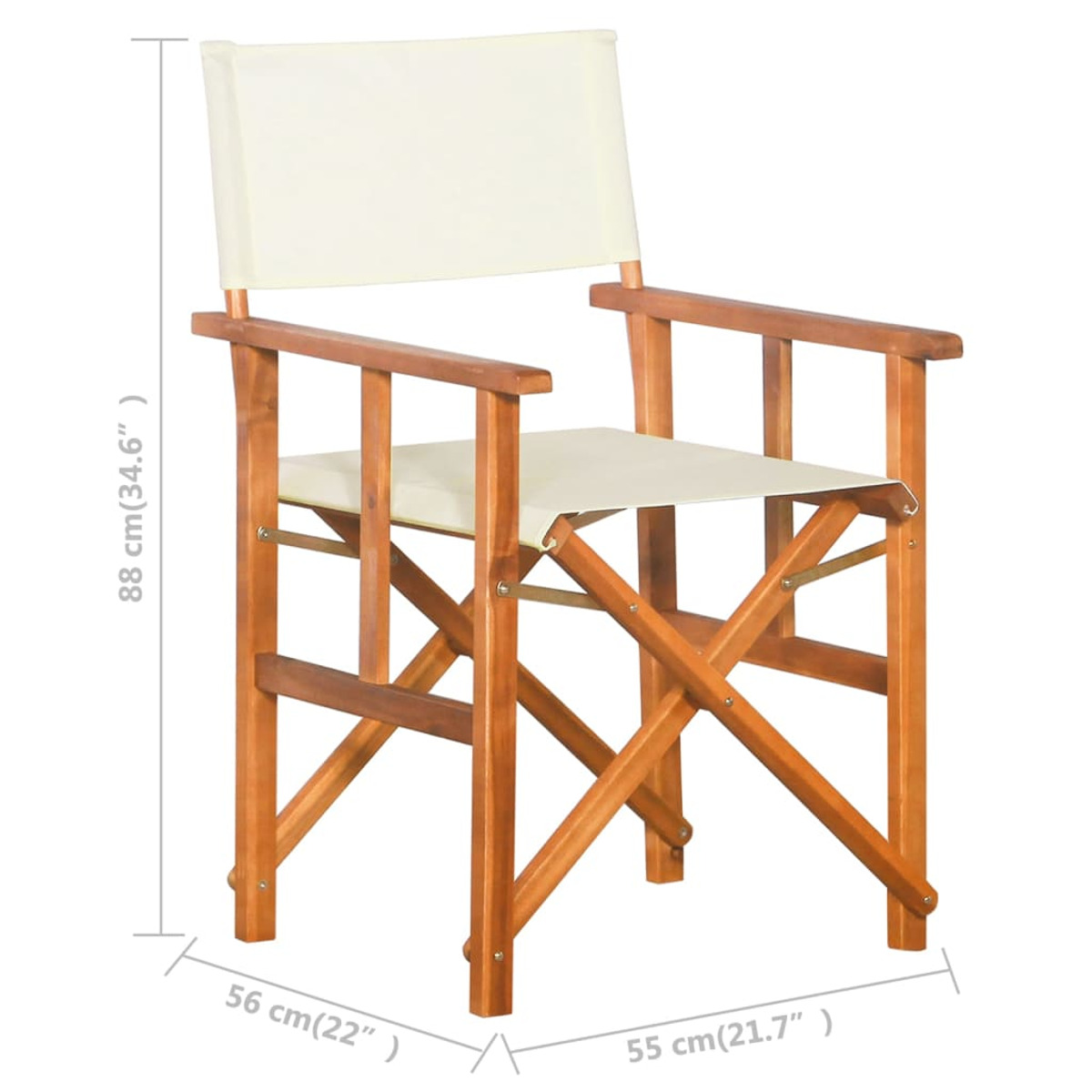 Regiestuhl aus Holz mit weißer Leinwandlehne und Sitzfläche. Abmessungen angezeigt.