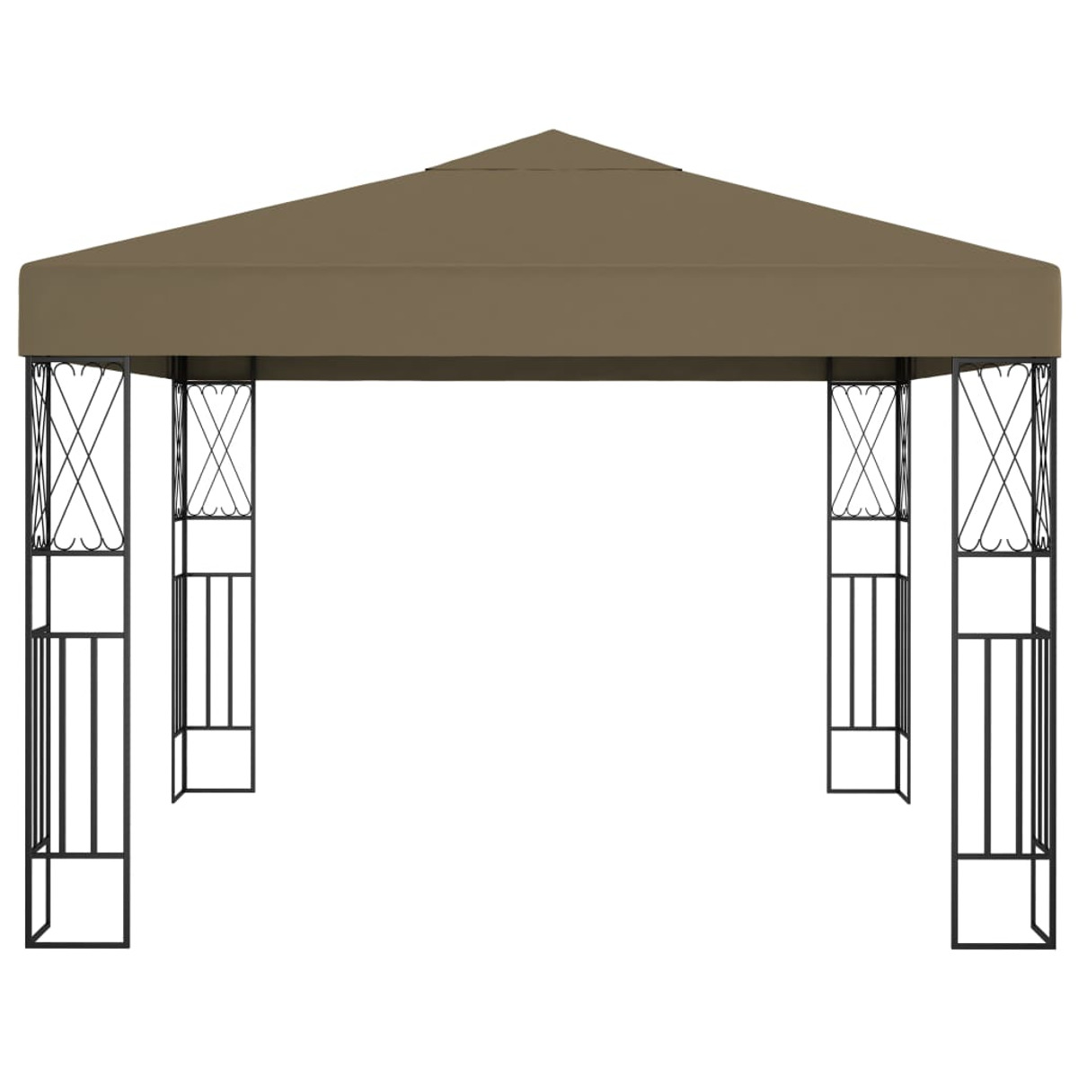 Ein brauner Pavillon mit einem braunen, abgewinkelten Dach und schwarzen Metallstützen.