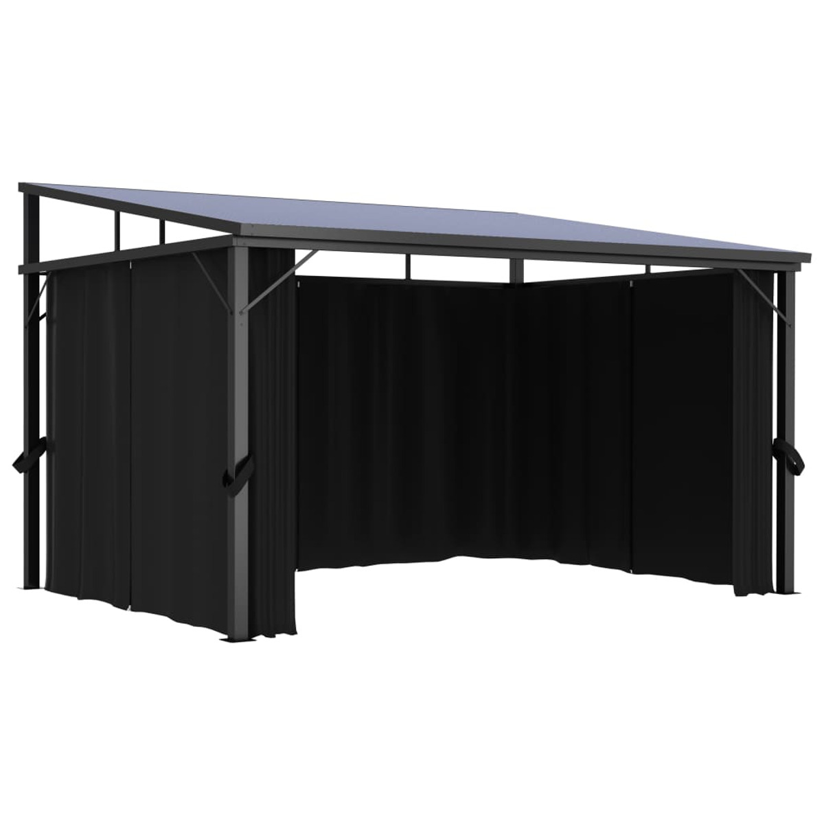 Schwarzer Pavillon mit Vorhängen. Er hat ein schwarzes Dach und schwarze Vorhänge mit Stahlrahmen.
