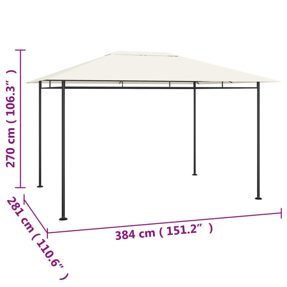 Ein weißer Pavillon mit schwarzem Rahmen. Die Abmessungen sind auf dem Bild angegeben.