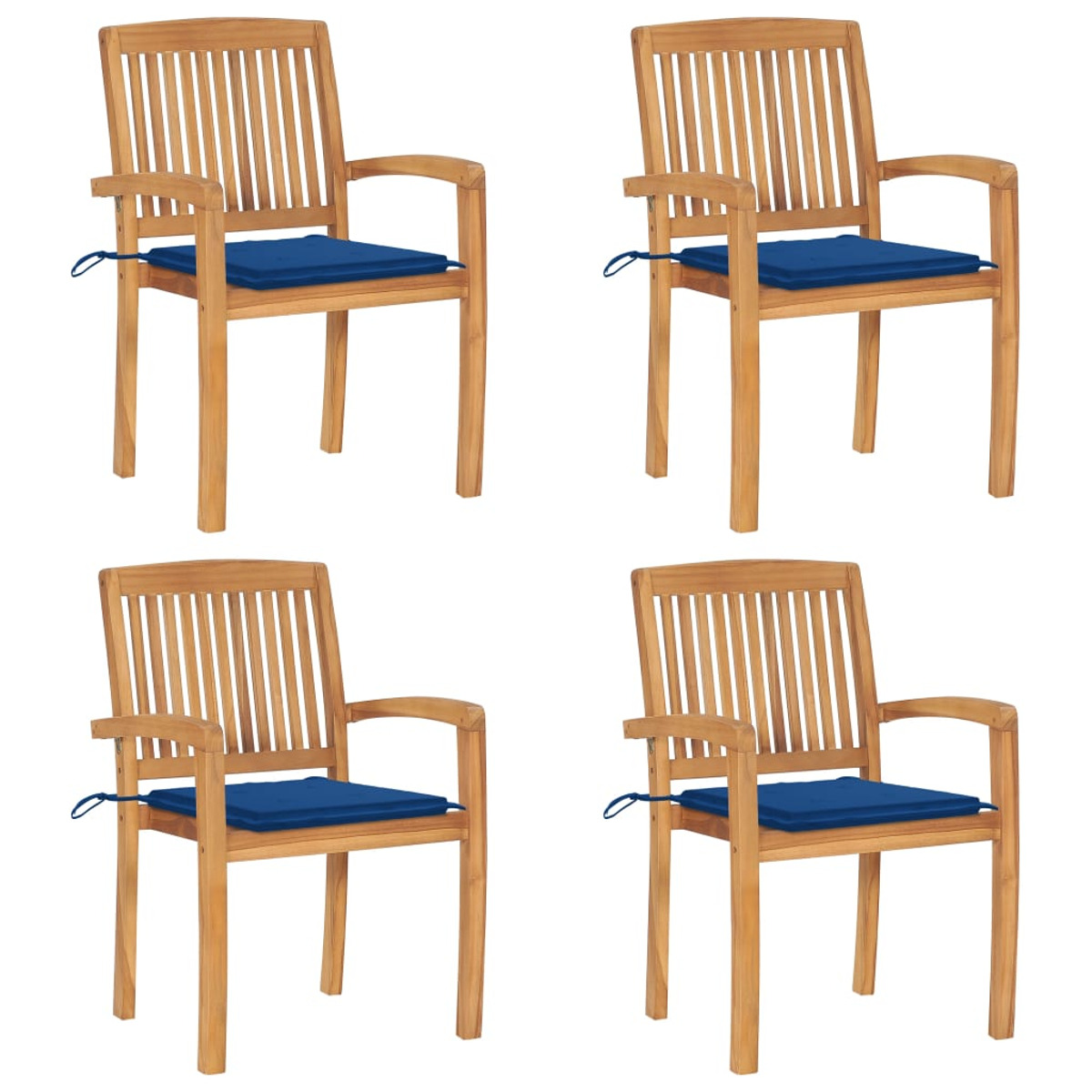 Vier Holzstühle mit blauen Kissen. Stühle haben Armlehnen und sind im Raster angeordnet.
