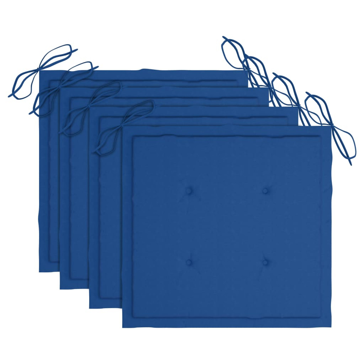 Fünf blaue Sitzkissen mit Bändern an den Ecken. Die Kissen sind quadratisch und haben Knopfakzente.