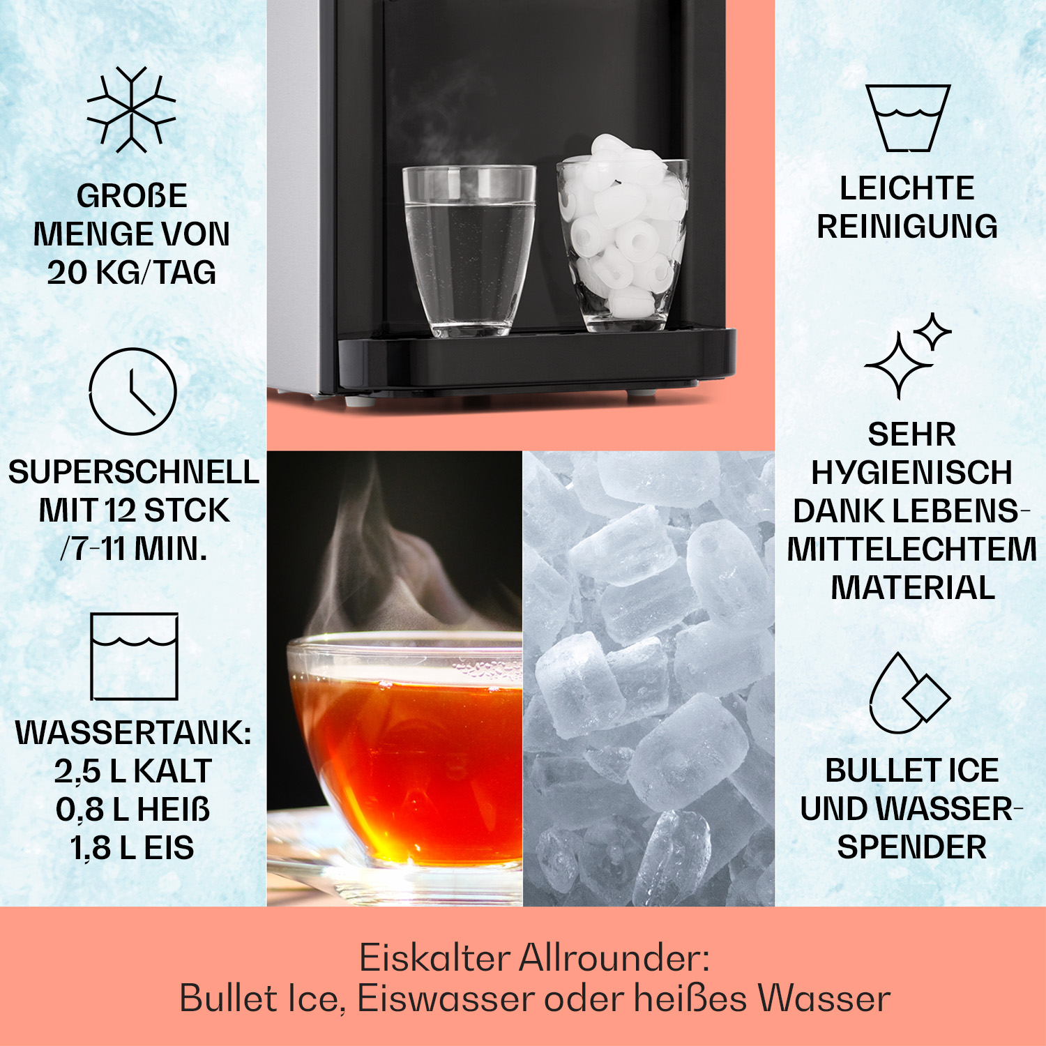 KLARSTEIN Aqueous Eiswürfelmaschine (100 Silber) Watt